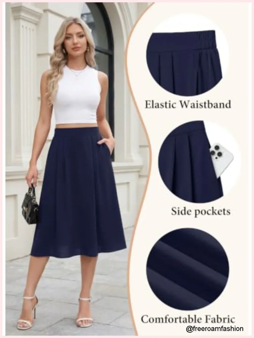 High Waisted Midi Skirt with Pockets Pleated A-Line Flowy Business Casual